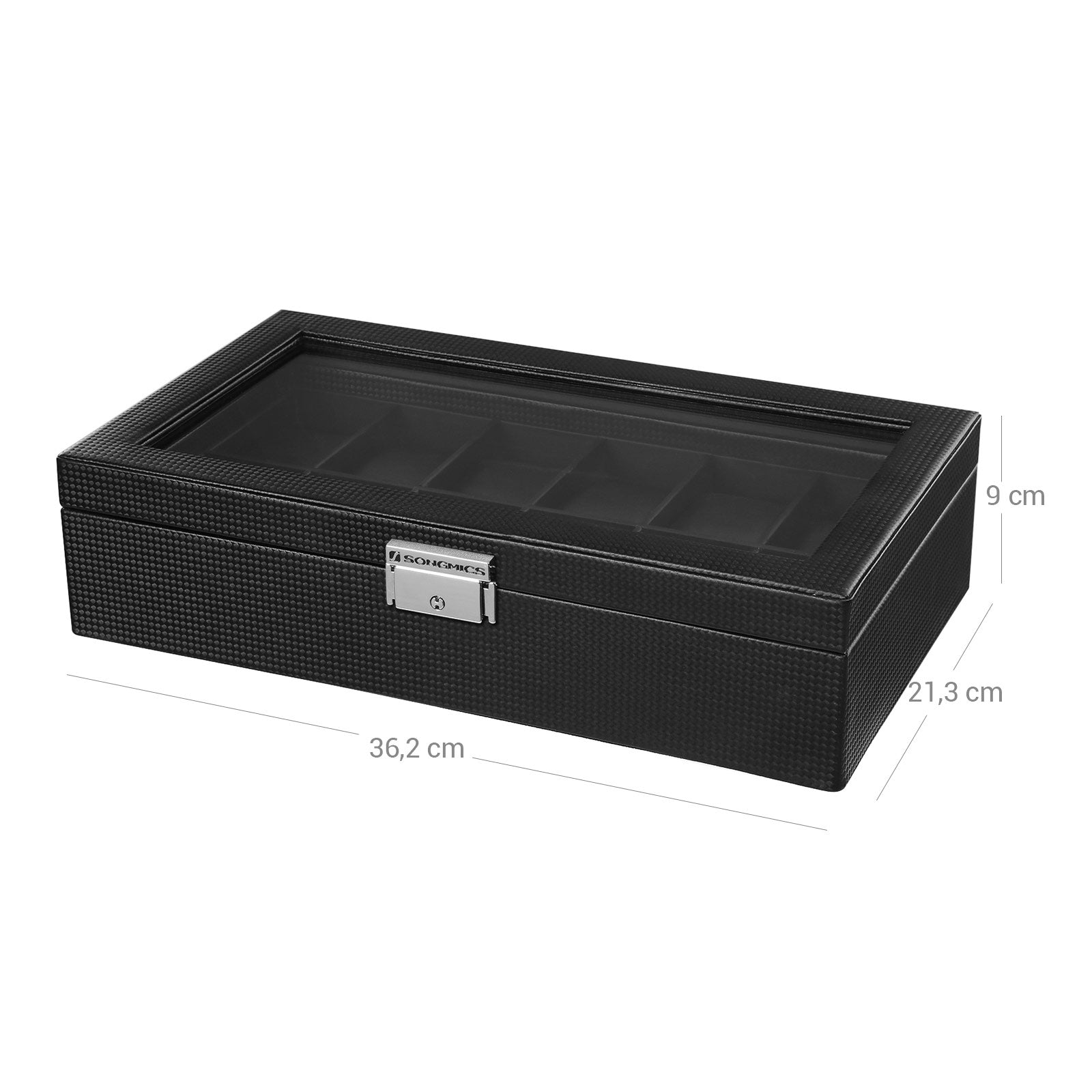 Large Watch Box – PU – Black – 12 Compartments with Glass Lid and Velvet Lining