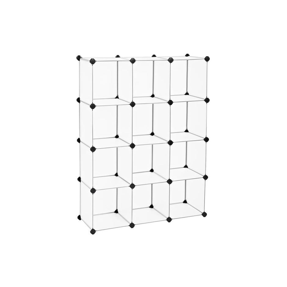Bookcase – Interlocking Plastic – White – 12 Cubes Storage Unit with Easy Assembly