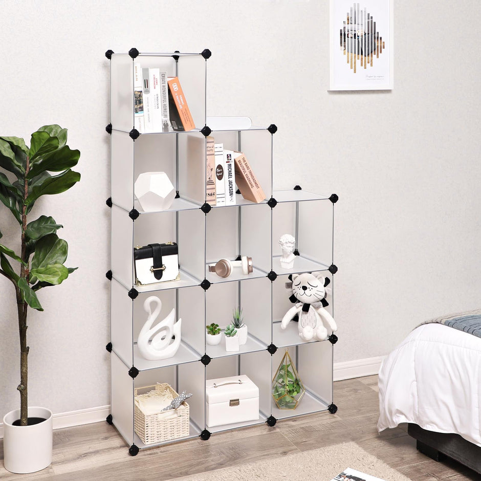 Bookcase – Interlocking Plastic – White – 12 Cubes Storage Unit with Easy Assembly