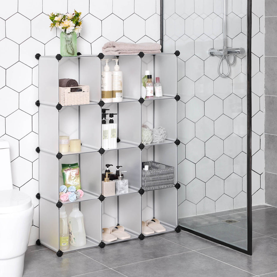 Bookcase – Interlocking Plastic – White – 12 Cubes Storage Unit with Easy Assembly