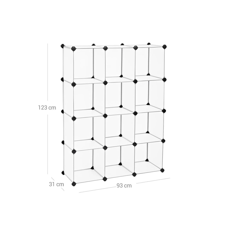 Bookcase – Interlocking Plastic – White – 12 Cubes Storage Unit with Easy Assembly