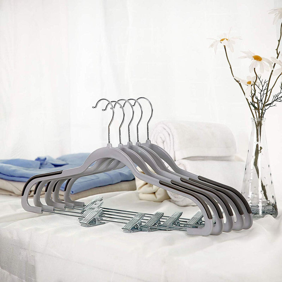 Trousers Hangers – Premium Quality Plastic – Grey – Non-slip Clips, Heavy Duty, Space-saving with 360° Swivel Hook