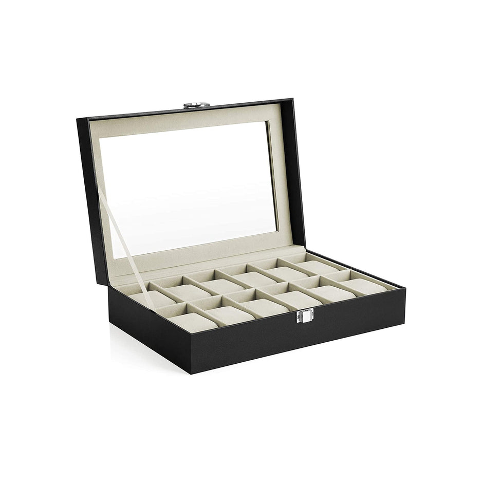Watch Case – Faux Leather – Black – 12-Slot with Glass Lid and Velvet Lining