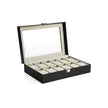 Watch Case – Faux Leather – Black – 12-Slot with Glass Lid and Velvet Lining