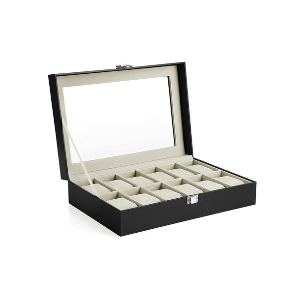 Watch Box – Faux Leather – Black – 12-Slot with Glass Lid and Velvet Lining