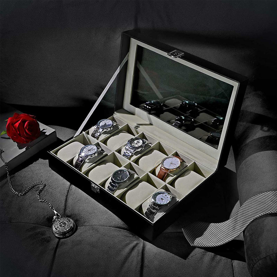 Watch Case – Faux Leather – Black – 12-Slot with Glass Lid and Velvet Lining
