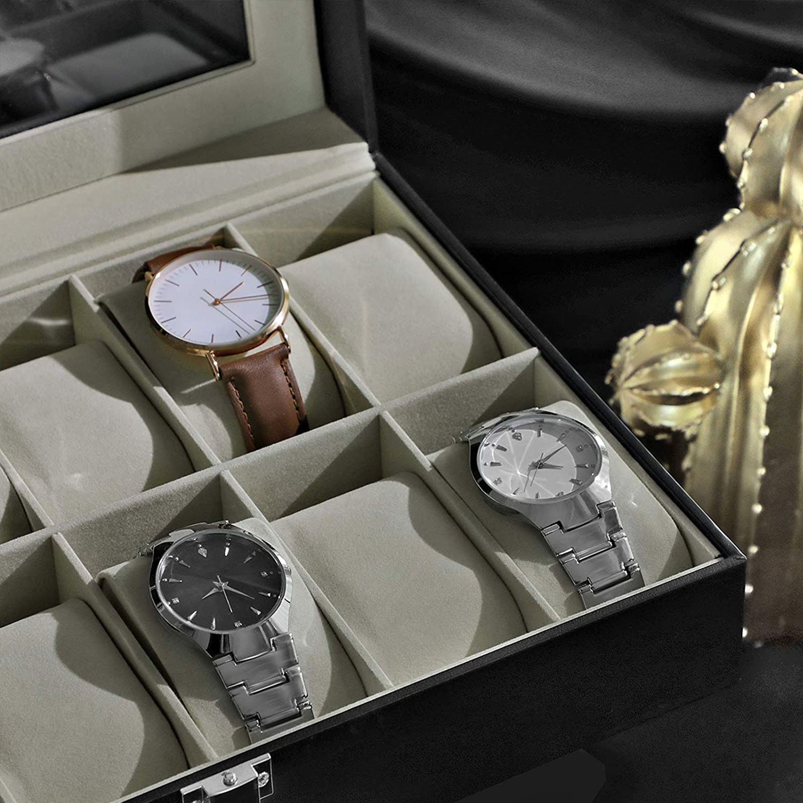 Watch Case – Faux Leather – Black – 12-Slot with Glass Lid and Velvet Lining