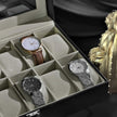 Watch Case – Faux Leather – Black – 12-Slot with Glass Lid and Velvet Lining