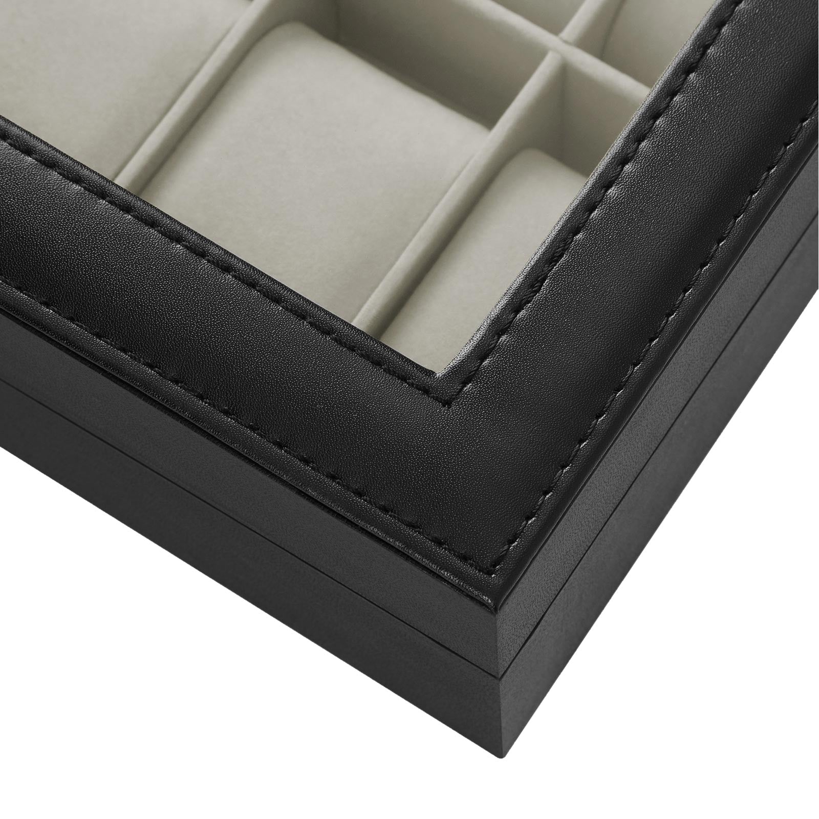 Watch Case – Faux Leather – Black – 12-Slot with Glass Lid and Velvet Lining
