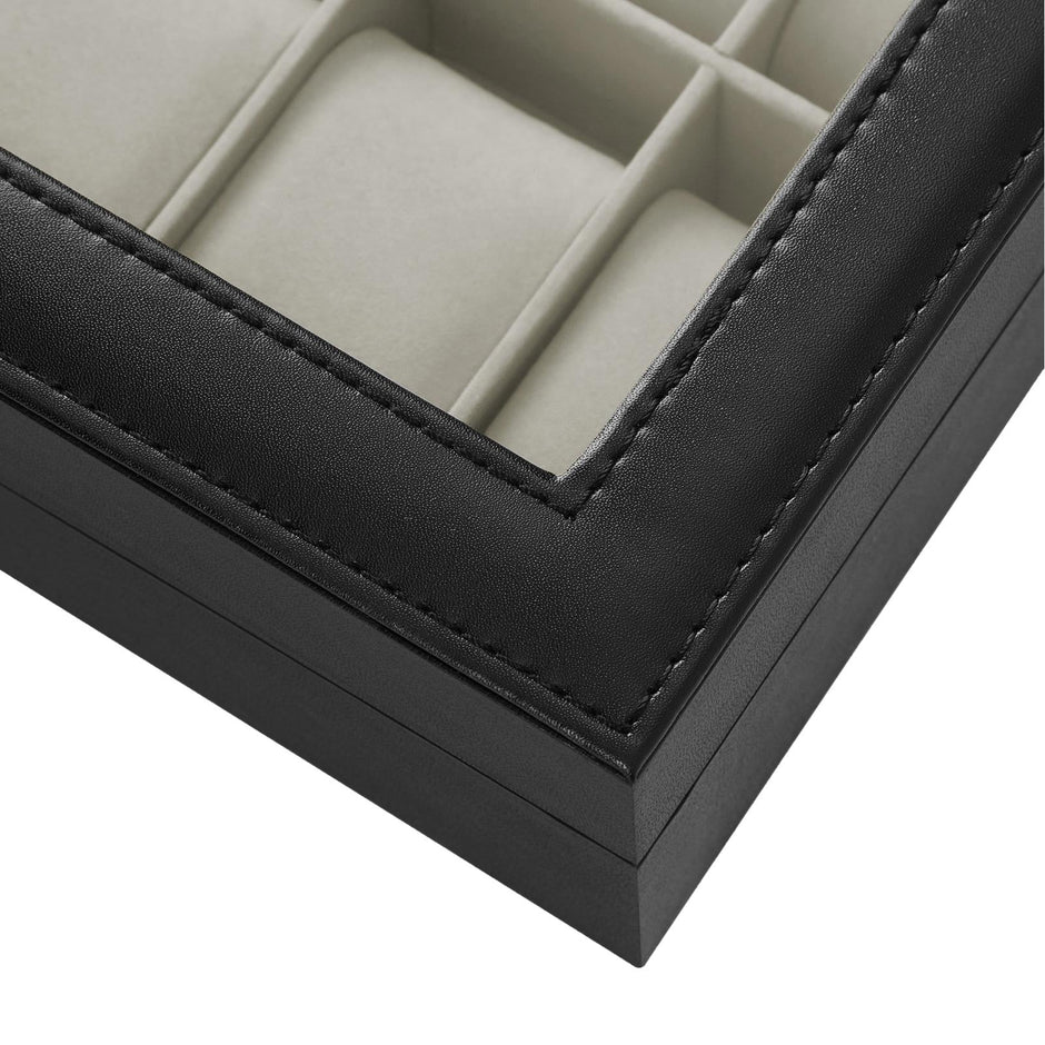 Watch Case – Faux Leather – Black – 12-Slot with Glass Lid and Velvet Lining