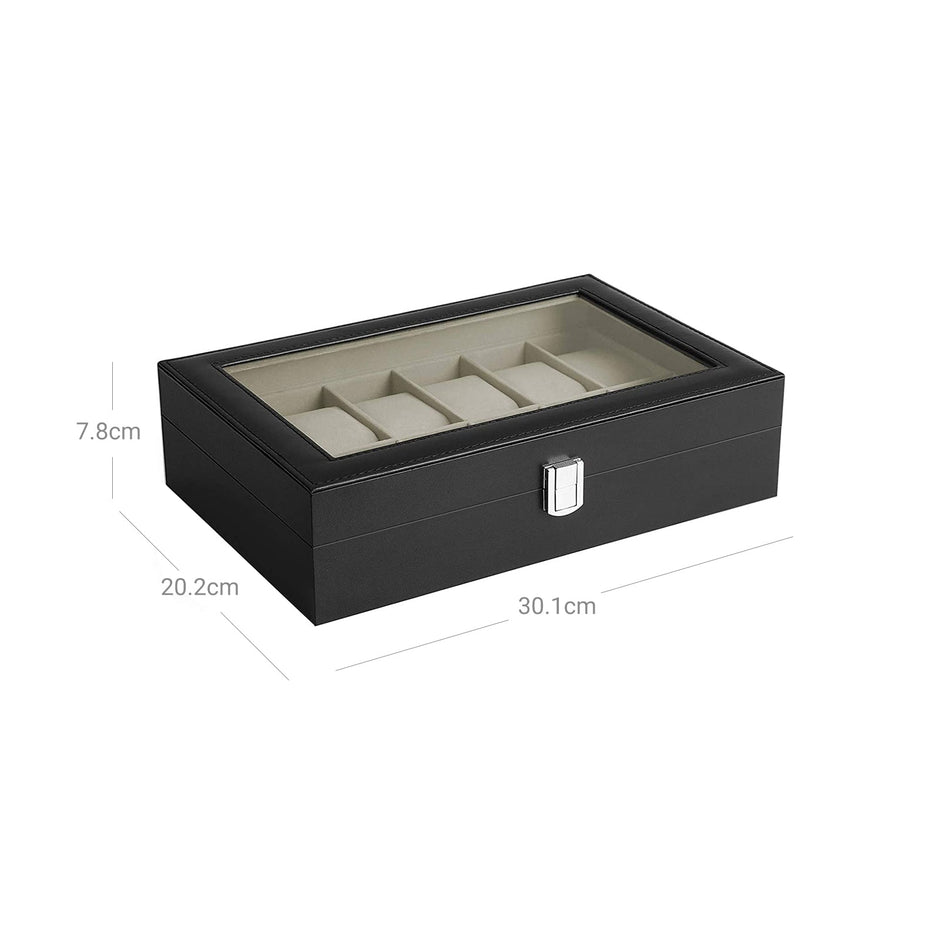 Watch Case – Faux Leather – Black – 12-Slot with Glass Lid and Velvet Lining