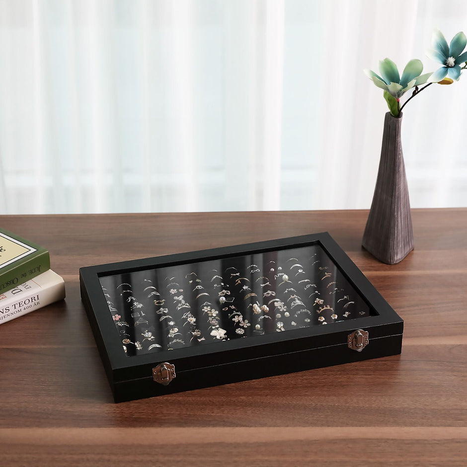 Jewellery Box – Wood – Black – 12 Slots for Rings Display
