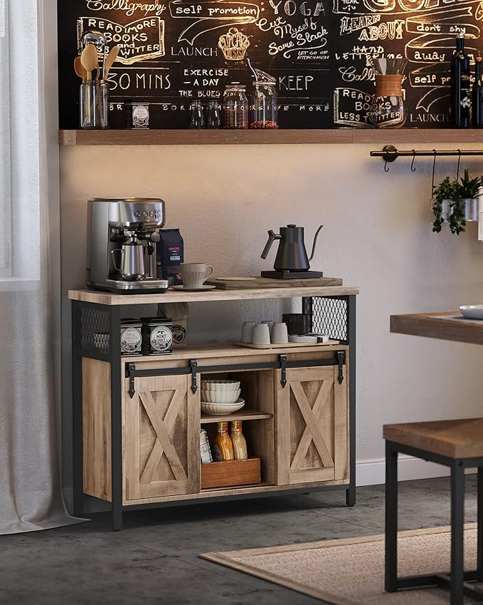 Sideboard – Wood – Rustic Brown and Black – Adjustable Shelf with Sliding Barn Doors