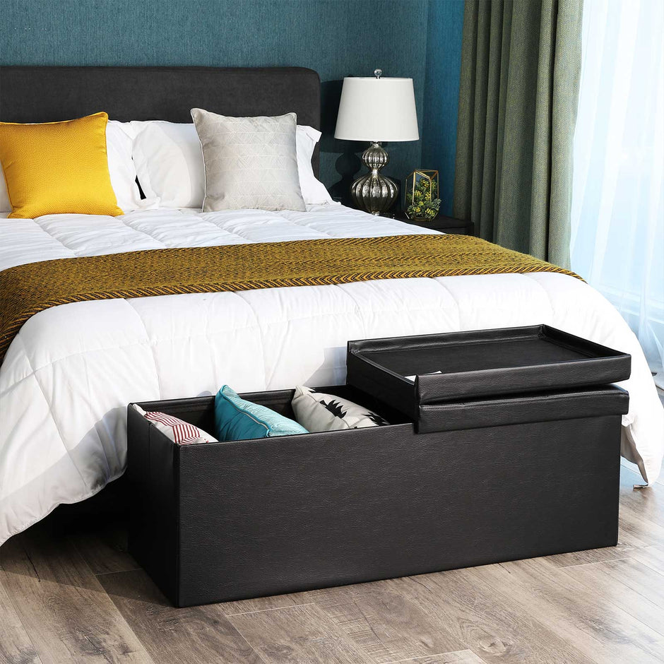 Folding Ottoman Bench – Fabric – White – Space-Saving Storage Chest with 120L Capacity