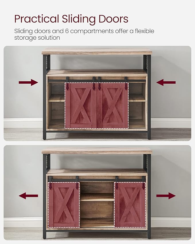 Sideboard – Wood – Rustic Brown and Black – Adjustable Shelf with Sliding Barn Doors