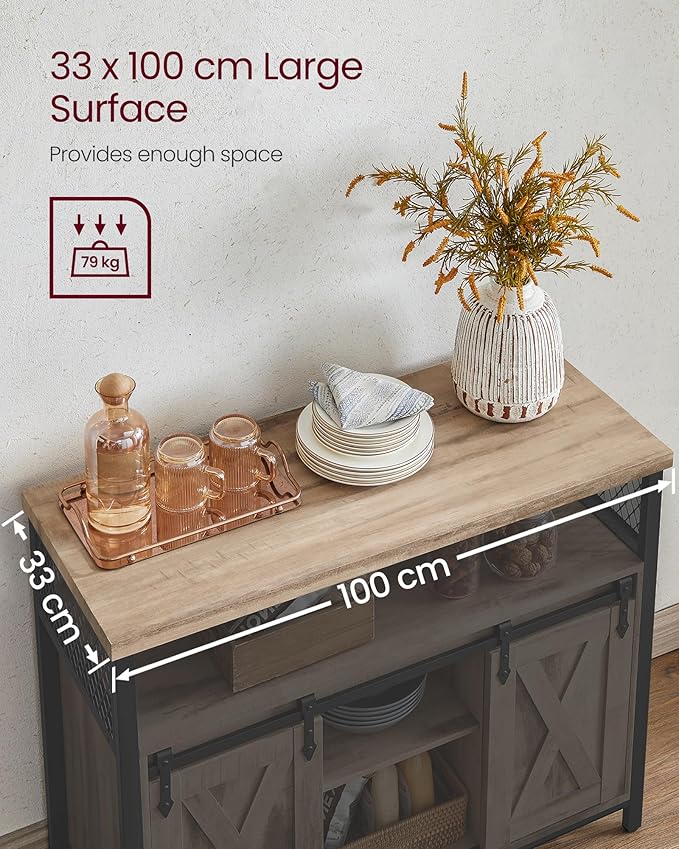 Sideboard – Wood – Rustic Brown and Black – Adjustable Shelf with Sliding Barn Doors