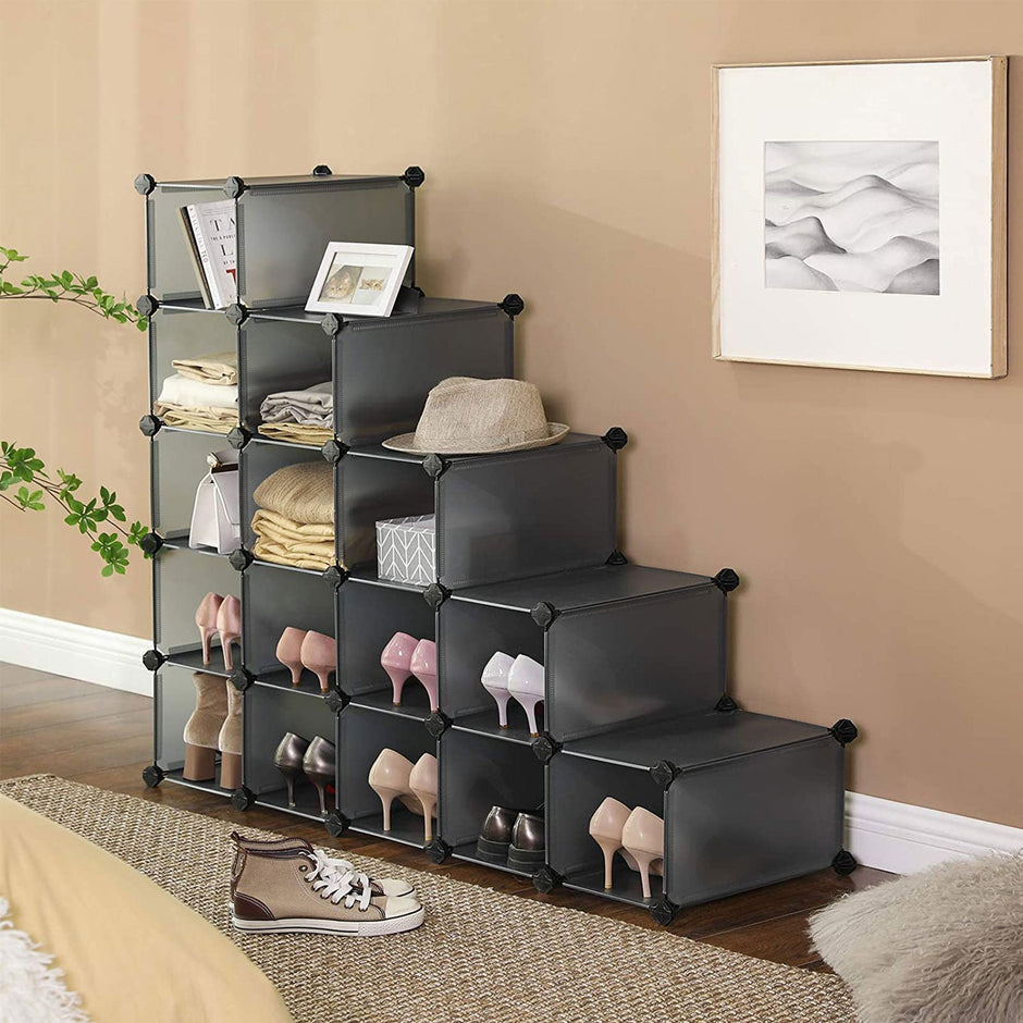 Shoe Rack – Plastic – Translucent White – 16 Cubes Modular Storage Unit