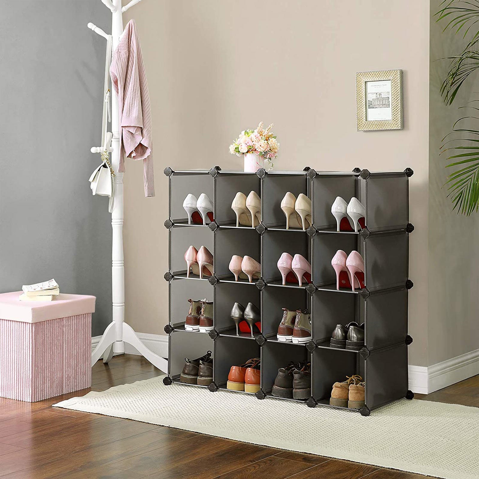 Shoe Rack – Plastic – Translucent White – 16 Cubes Modular Storage Unit