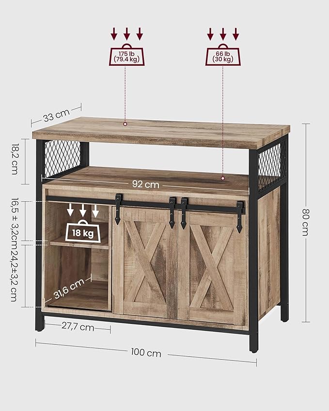 Sideboard – Wood – Rustic Brown and Black – Adjustable Shelf with Sliding Barn Doors