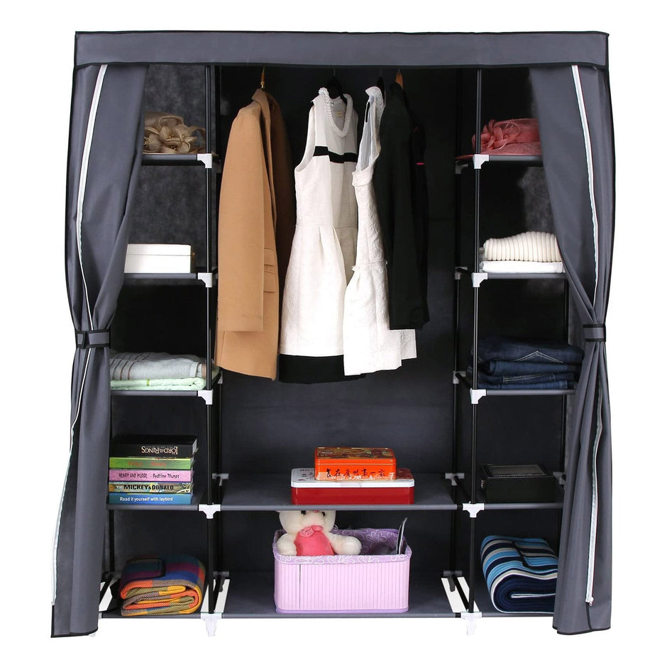 Wardrobe – Canvas – Grey – Clothes Hanging Rail with Storage Shelves