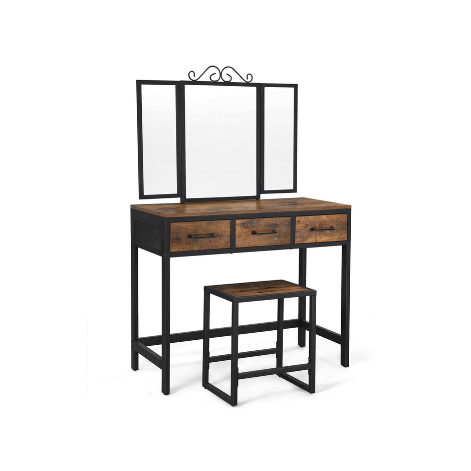 Vanity Table Set – Steel Frame – Rustic Brown and Black – Tri-Fold Mirror, 3 Drawers