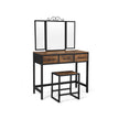 Vanity Table Set – Steel Frame – Rustic Brown and Black – Tri-Fold Mirror, 3 Drawers