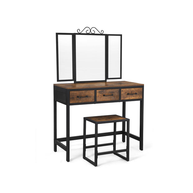 Vanity Table Set – Steel Frame – Rustic Brown and Black – Tri-Fold Mirror, 3 Drawers