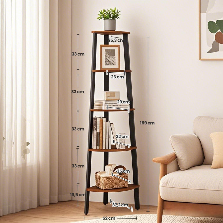 Corner Shelf Unit – Metal and Wood – Rustic Brown – 5-Tier Ladder Design for Living Room and Office
