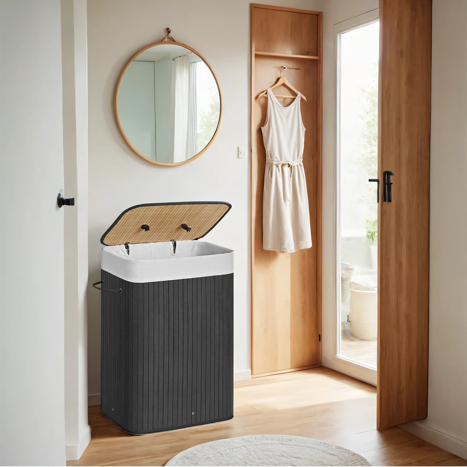 Foldable Laundry Hamper – Bamboo – Natural – 72 L Capacity with Lid and 3 Handles