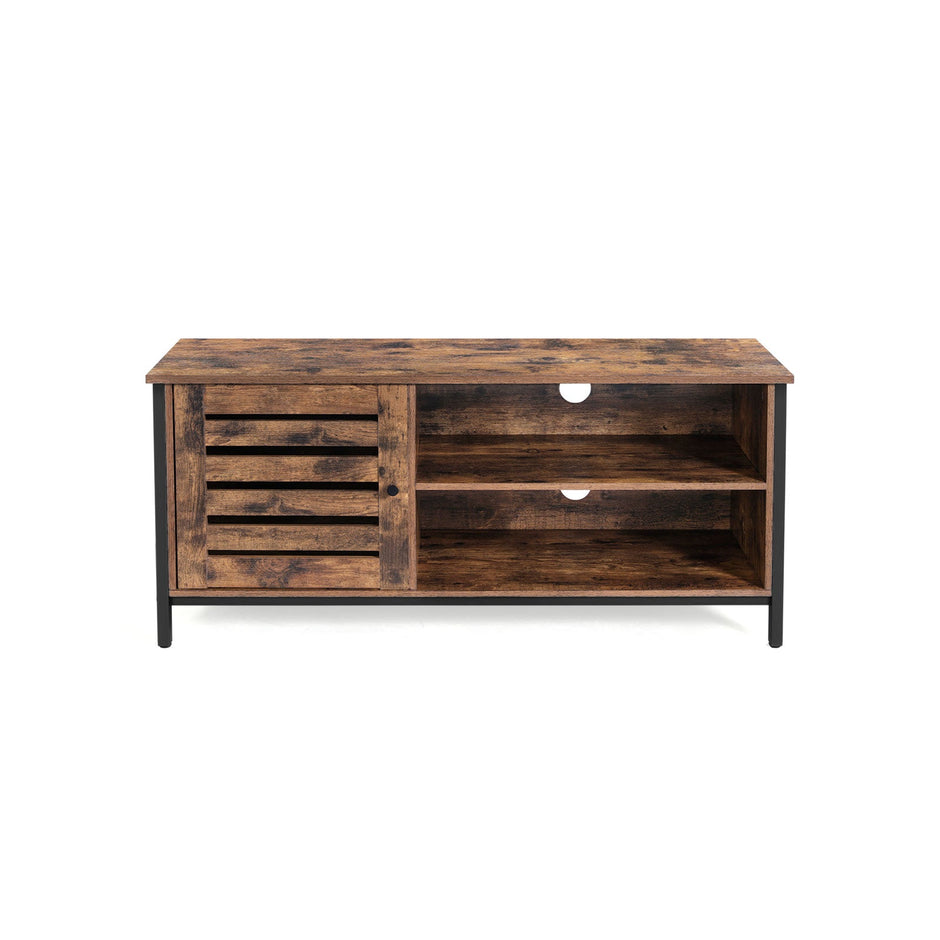 TV Cabinet – Wood and Metal – Rustic Brown and Black – Louvred Door with 2 Shelves