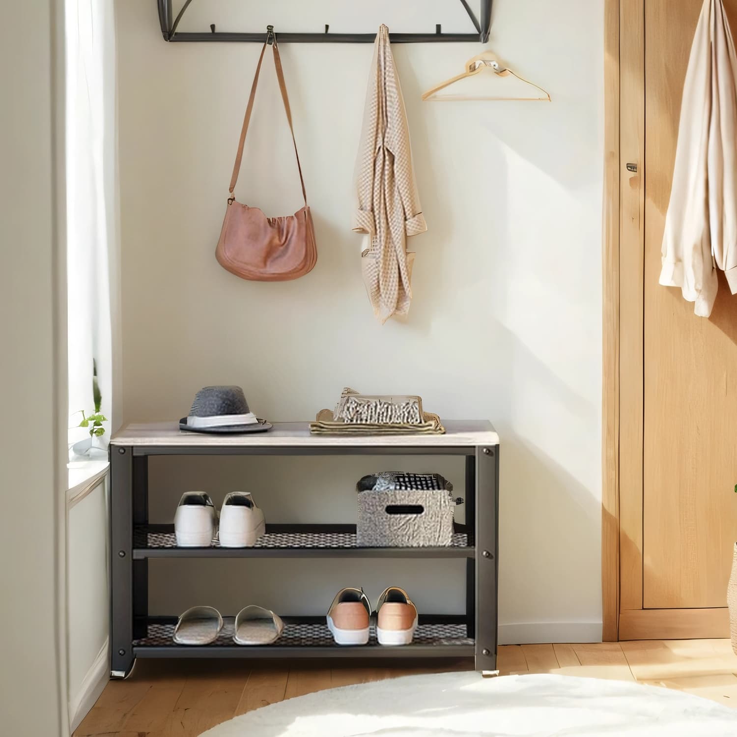 Shoe Bench – Steel – Rustic Brown and Black – 2 Shelves for Entryway Organization