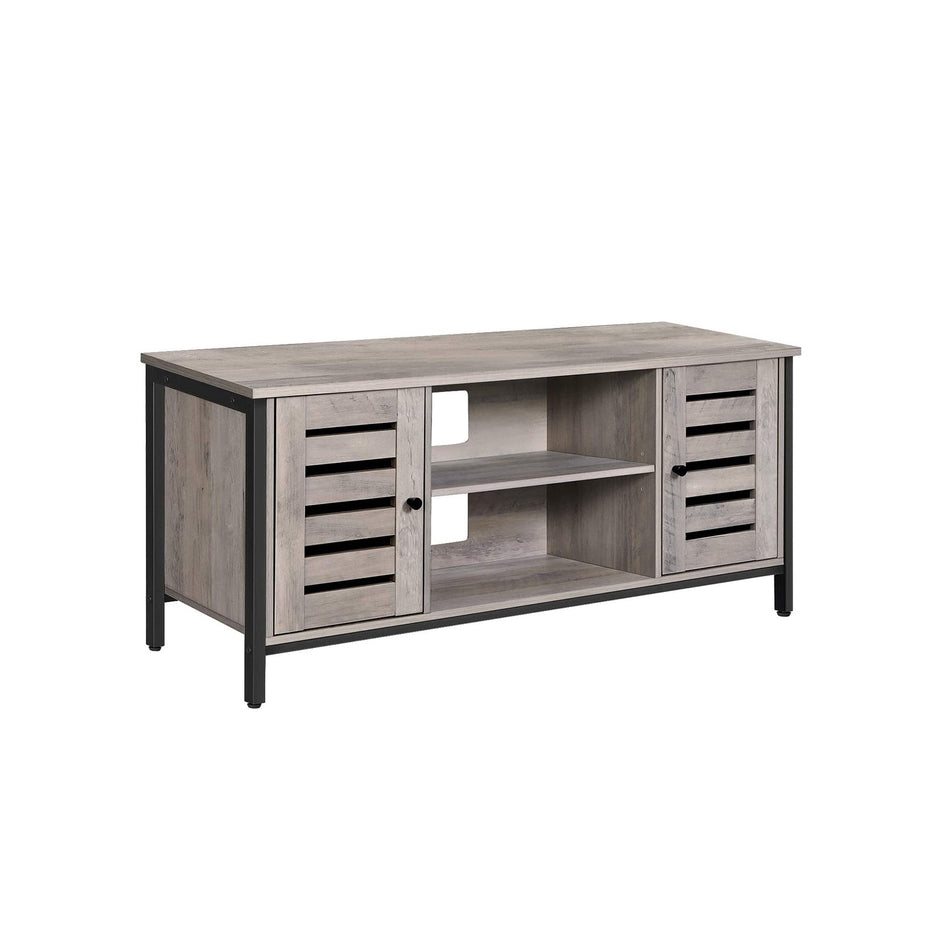 TV Console Unit – Wood – Rustic Brown – Louvered Doors, Storage Shelves