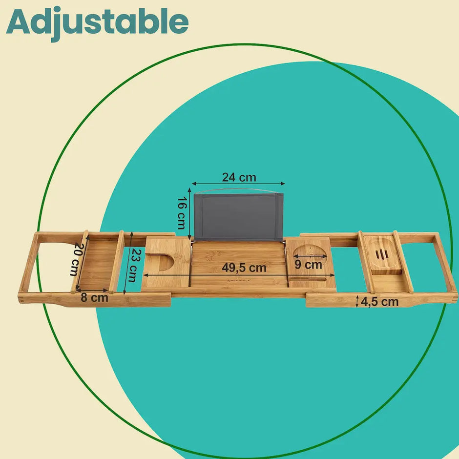 Extendable Bath Shelf – Bamboo – Natural – Includes Drink Holder, Bookend, and Soap Holder