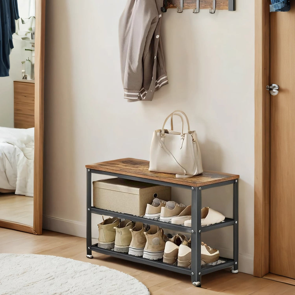 Shoe Bench – Steel – Rustic Brown and Black – 2 Shelves for Entryway Organization