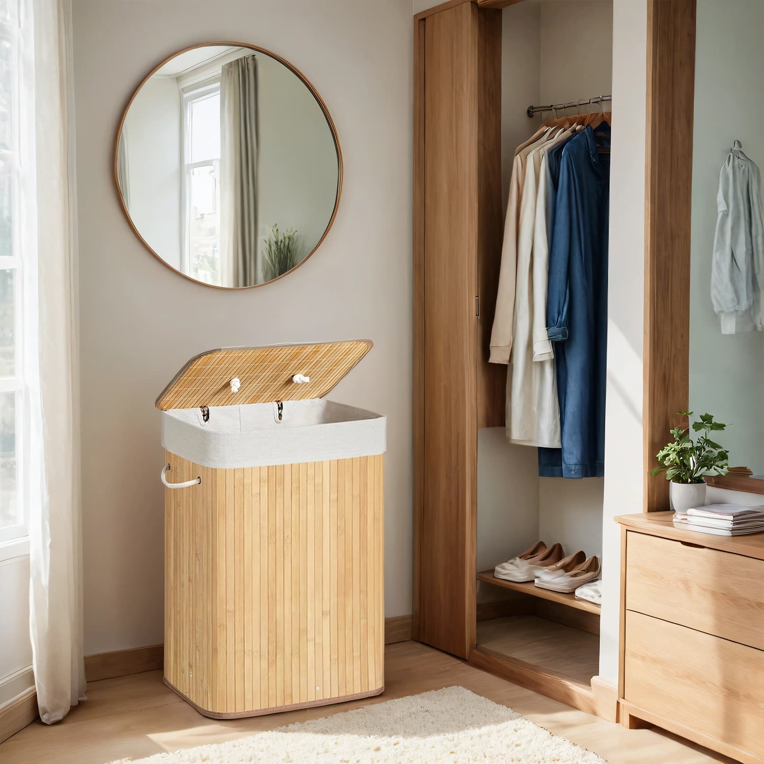Foldable Laundry Hamper – Bamboo – Natural – 72 L Capacity with Lid and 3 Handles