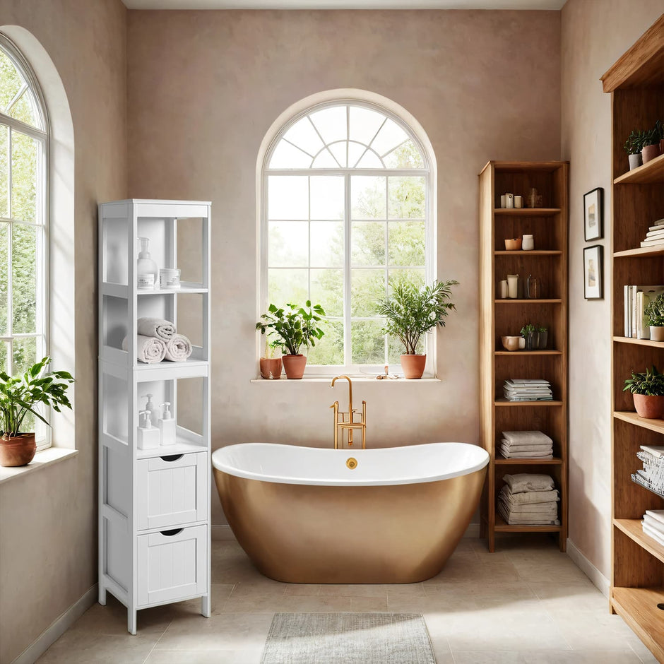 Freestanding Bathroom Floor Cabinet – Wood – White – 2 Drawer Storage Unit