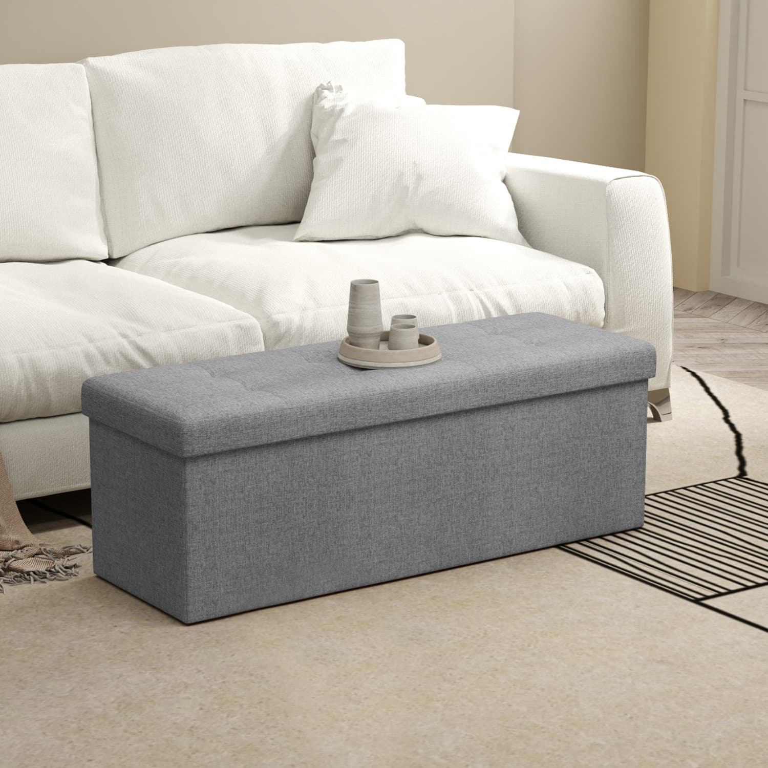 Storage Ottoman Bench – Fabric – Light Grey – Multi-Functional Storage Chest