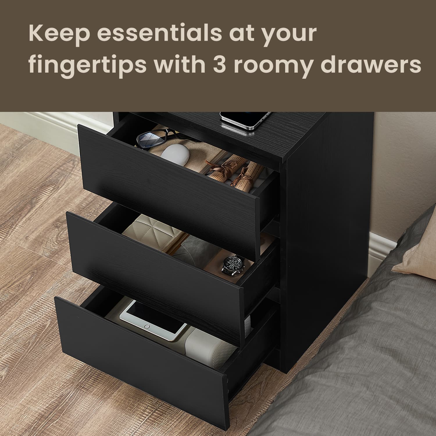 Nightstand – Wood – Cloud White – Charging Station with 3 Drawers, 2 AC Outlets, and 2 USB Ports