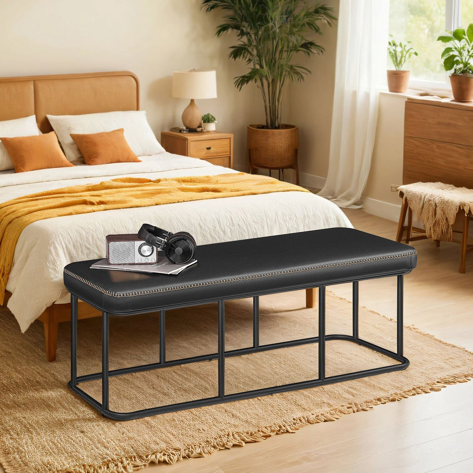 Ottoman Bench – Synthetic Leather – Black – Mid-Century Modern Design with Steel Frame