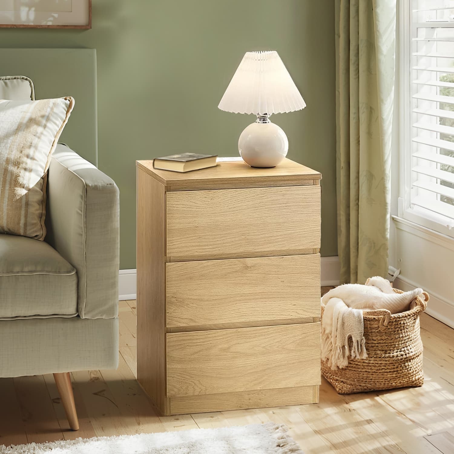 Nightstand – Wood – Natural Finish – Includes Charging Station and 3 Drawers