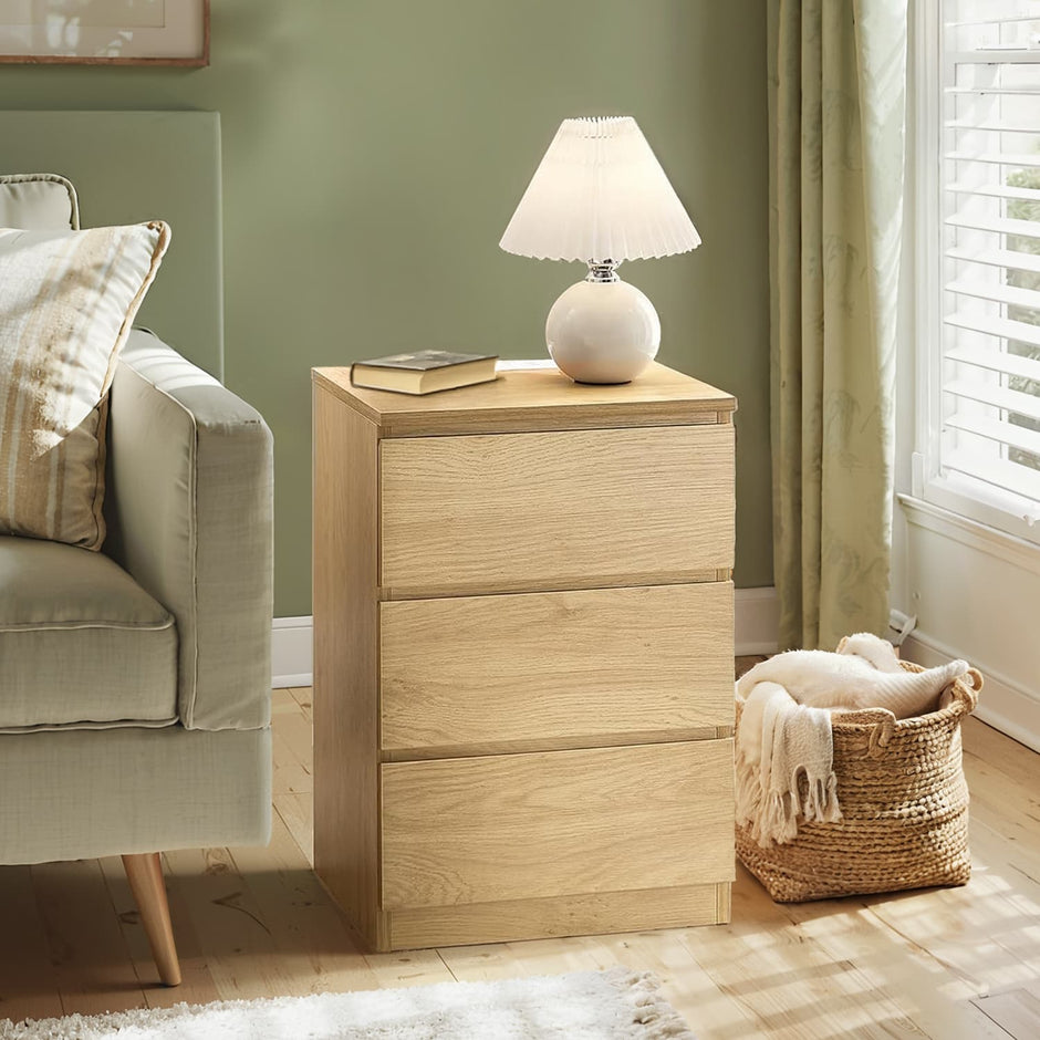 Nightstand – Wood – Natural Finish – Includes Charging Station and 3 Drawers