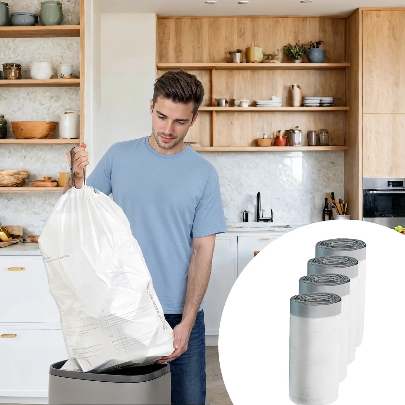 Heavy-Duty Drawstring Trash Bags – Plastic – White – 180-Piece for 8-Gallon Kitchen Waste