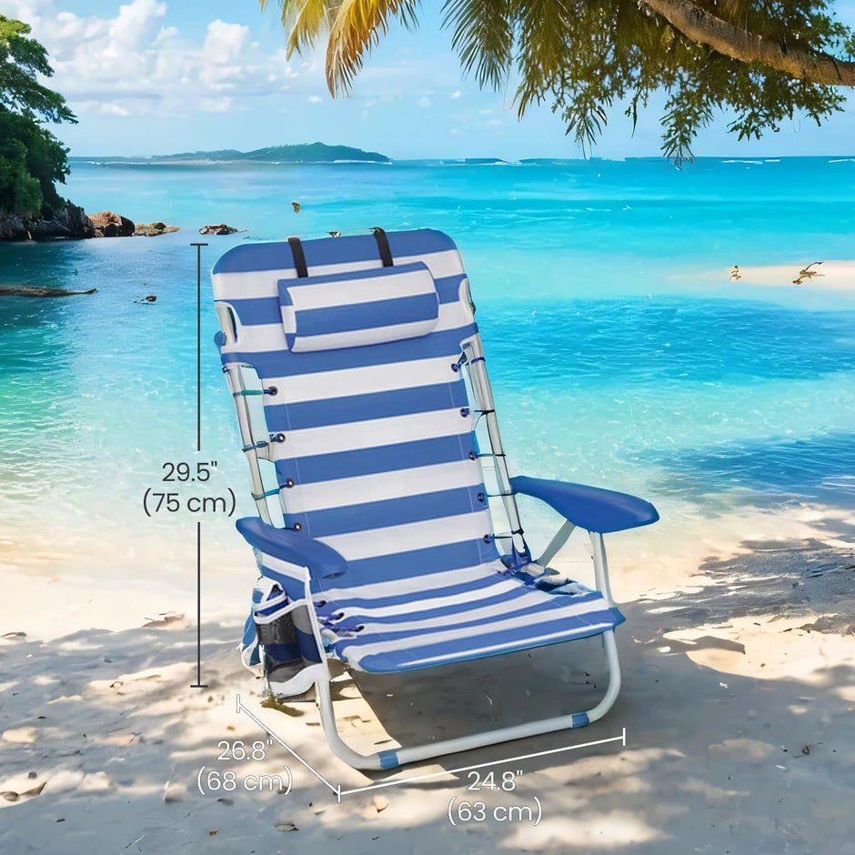 Folding Camping Chair – Fabric – Green and White – Adjustable Backrest with Headrest and Side Pockets