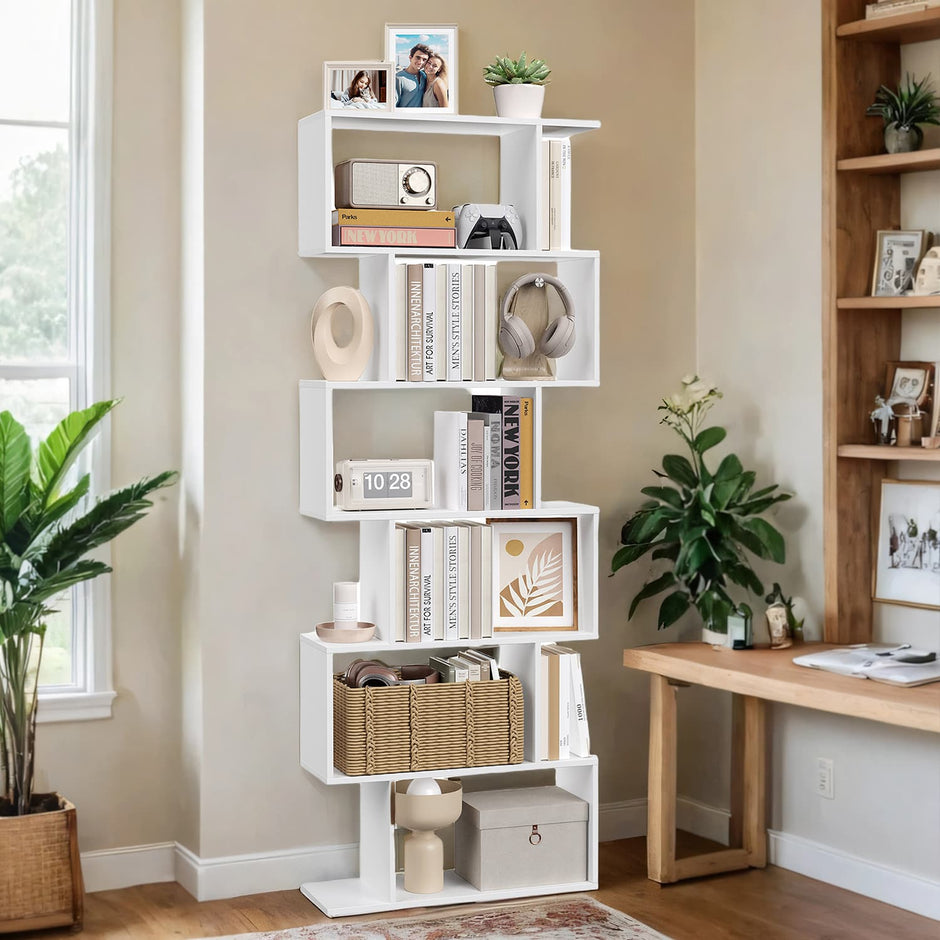 6-Tier Bookshelf – Wood – White – Freestanding Room Divider