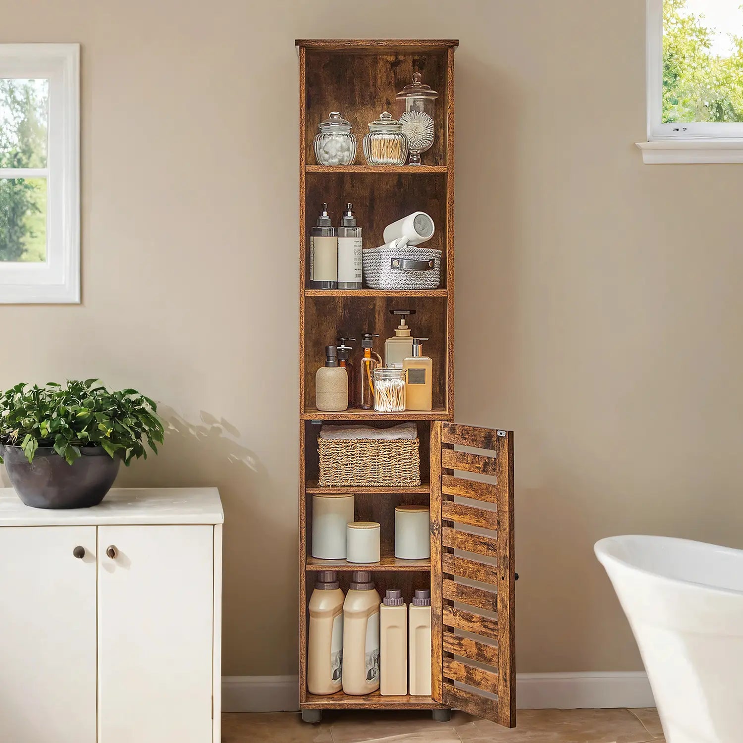 Tall Bathroom Storage Cabinet – Engineered Wood – Rustic Brown – Freestanding with Open and Adjustable Shelves