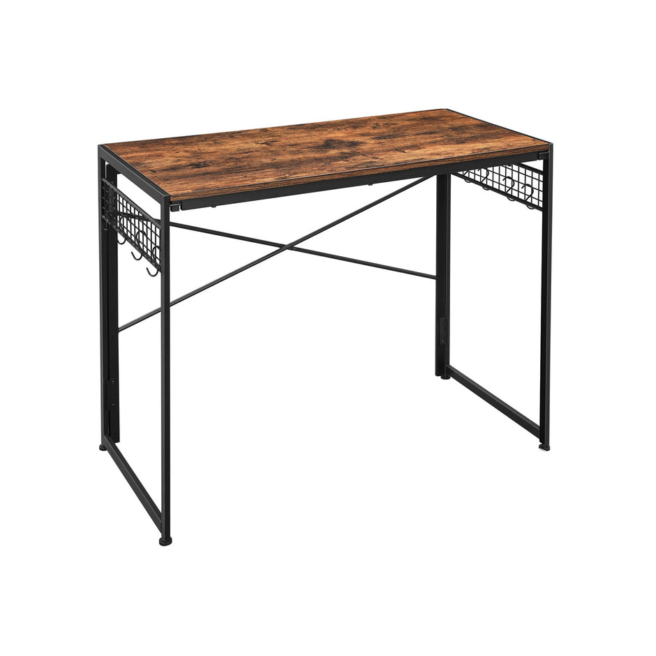 Folding Writing Desk – Wood and Metal – Rustic Brown and Black – 8 Hooks, No Tools Required