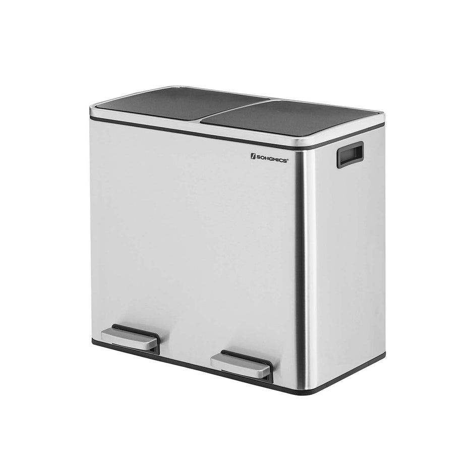 Double Recycling Bin – Plastic – White – 2 Compartments with Soft-Close Lids and Pedals