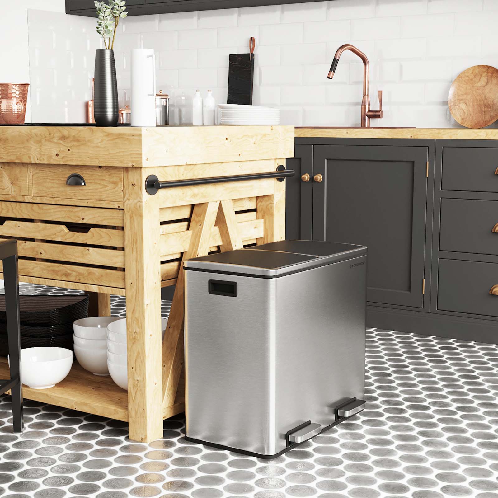 Double Recycling Bin – Plastic – White – 2 Compartments with Soft-Close Lids and Pedals