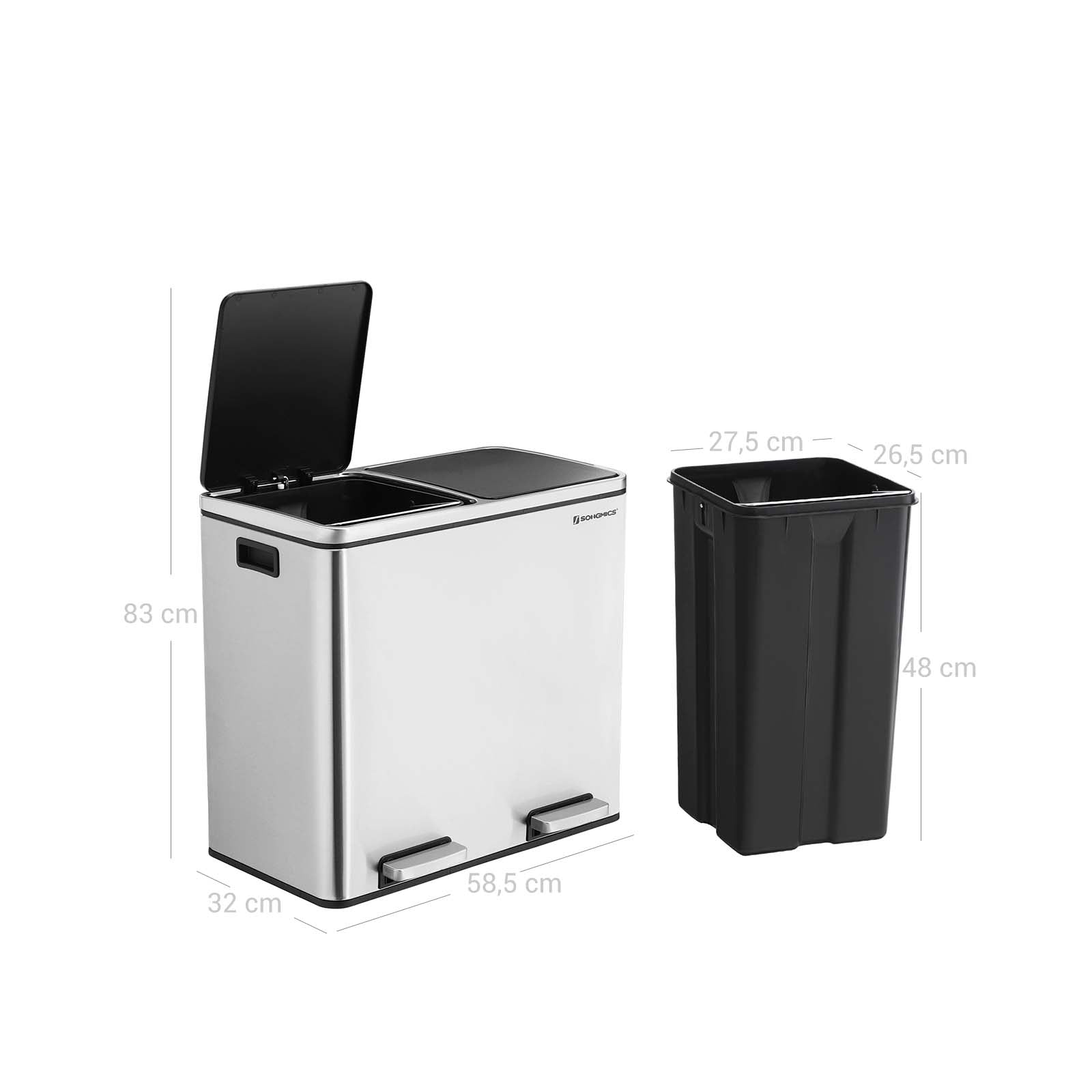 Double Recycling Bin – Plastic – White – 2 Compartments with Soft-Close Lids and Pedals