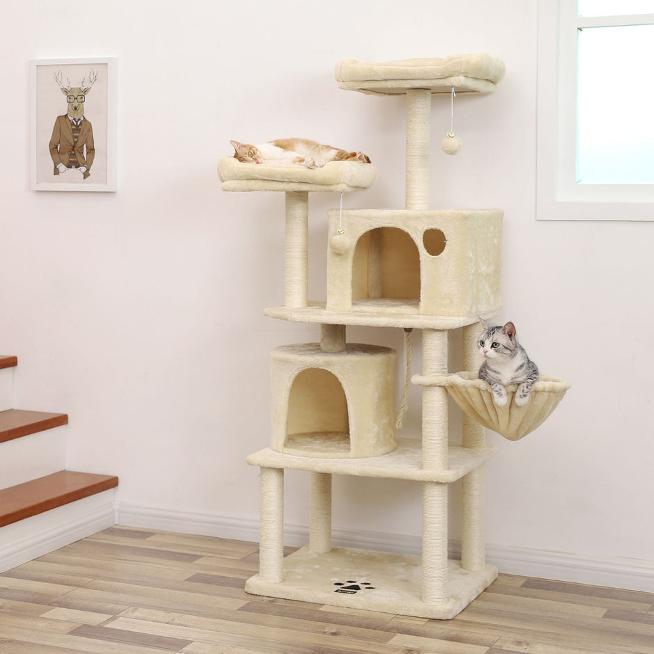 Cat Tree – Plush and Sisal – Smoky Grey – Multi-Level with Condos and Scratching Posts